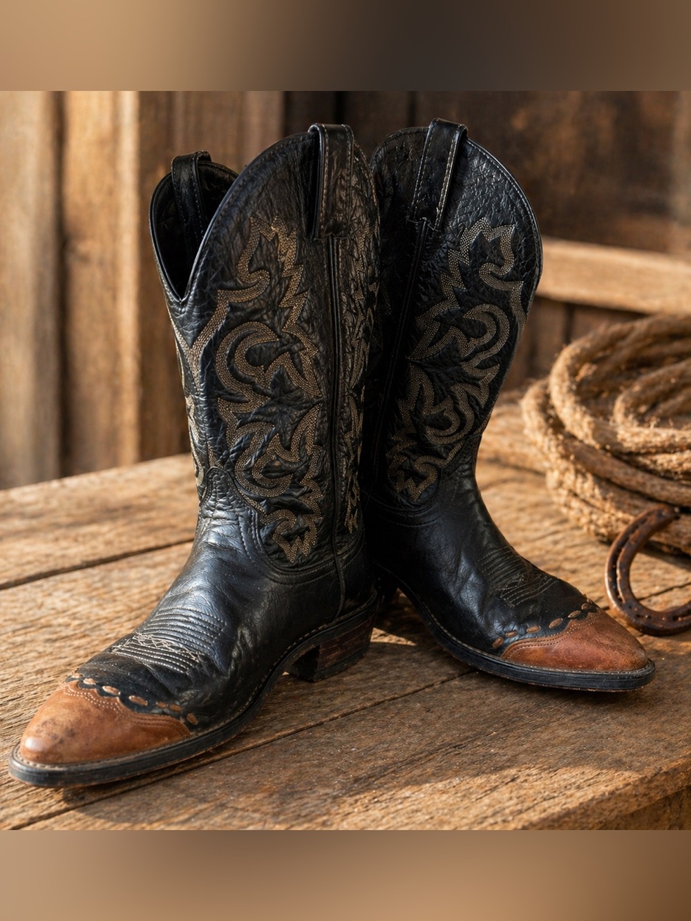 Vintage Justin Cowboy Boots Black Leather Brown Toe USA Made Men’s 9.5 EE